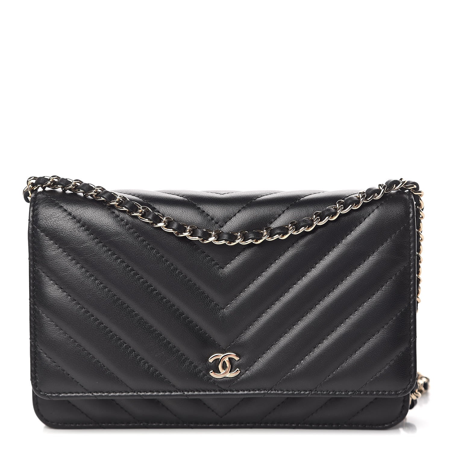 Chanel Lambskin Chevron Quilted Wallet On Chain WOC Black 1 of 12