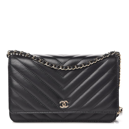 Chanel Lambskin Chevron Quilted Wallet On Chain WOC Black 1 of 12