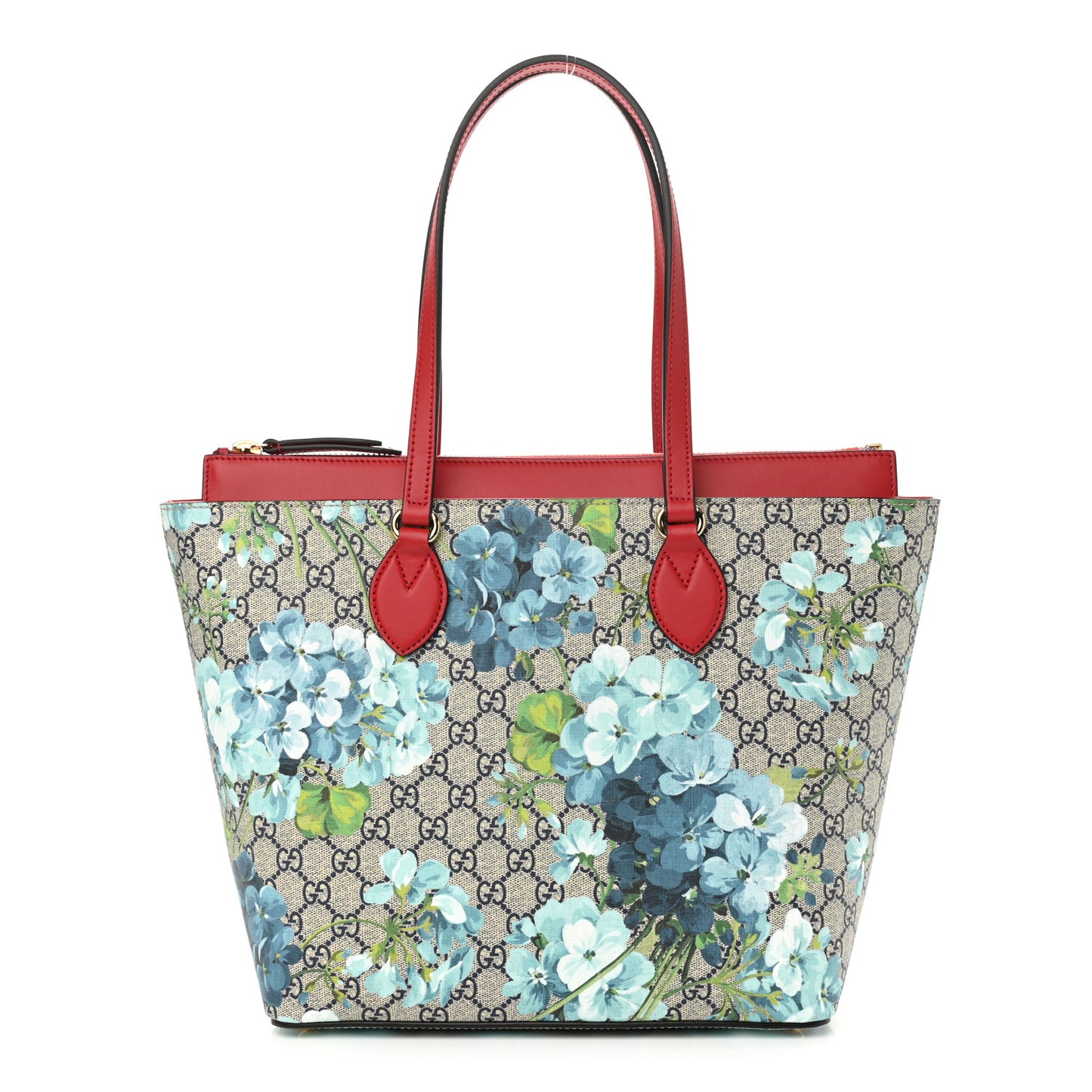 GG Supreme Monogram Blooms Medium Zippered Bucket Tote Beige Blue Navy Hibiscus Red