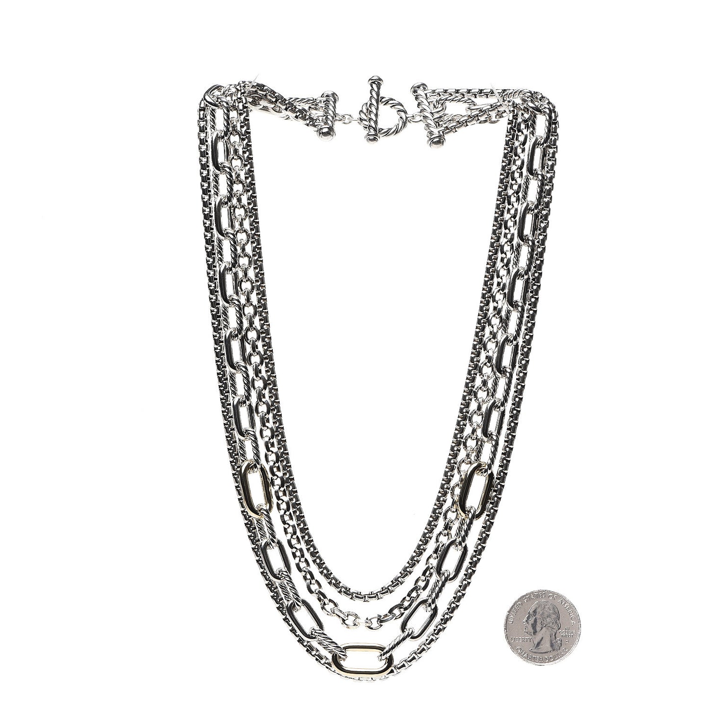 Sterling Silver 18K Yellow Gold Four Row Mixed Chain Bib Necklace