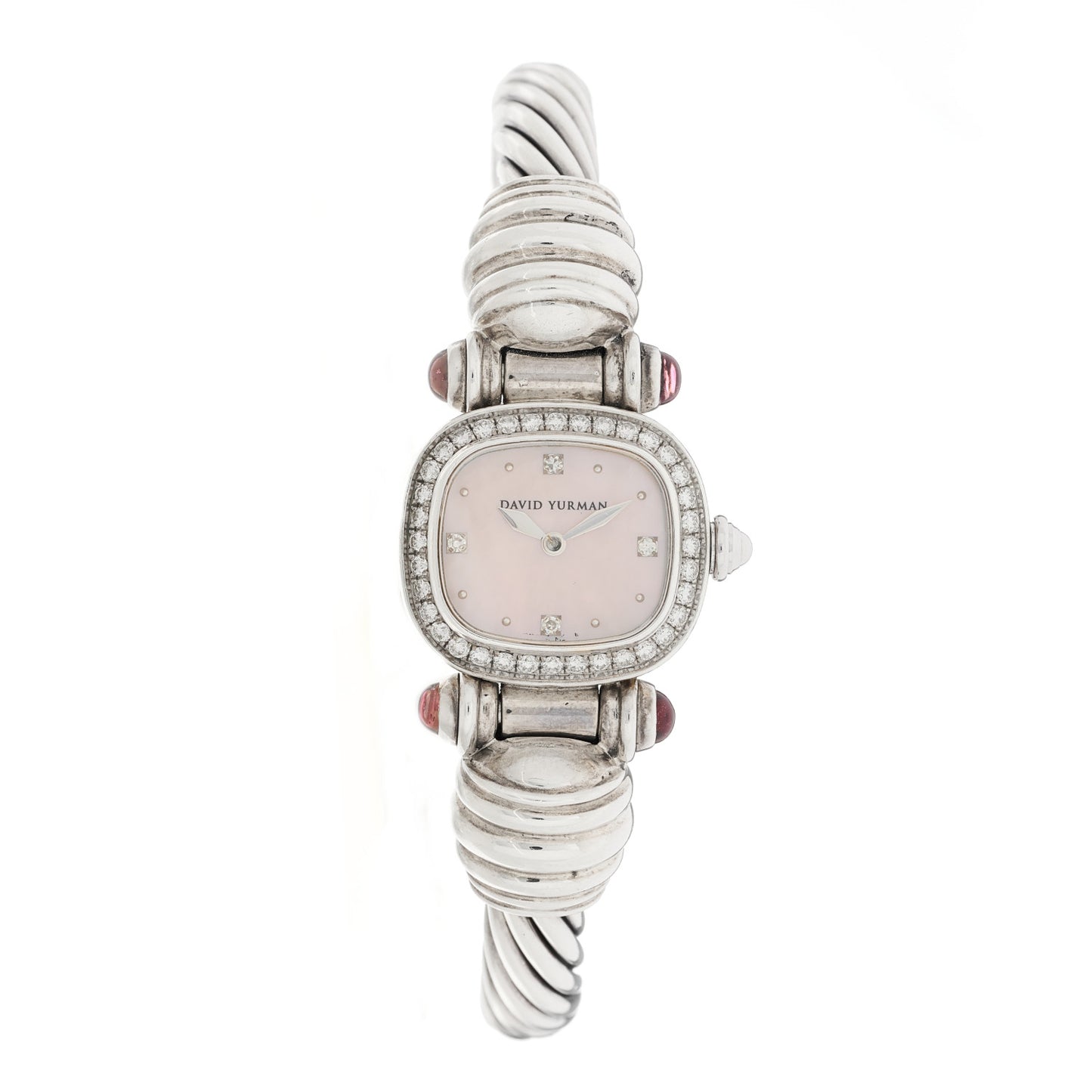 Sterling Silver Diamond Bezel Mother of Pearl Pink Tourmaline 21mm Classic Cable Quartz Watch