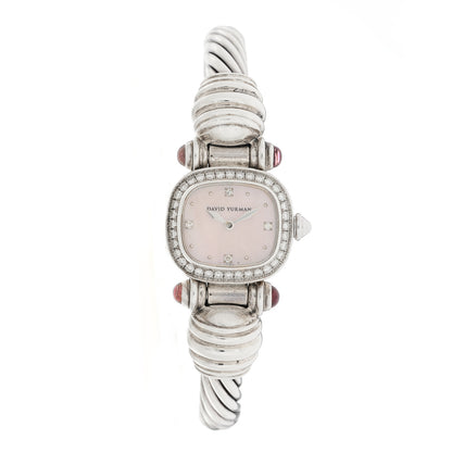 David Yurman Sterling Silver Diamond Bezel Mother of Pearl Pink Tourmaline 21mm Classic Cable Quartz Watch 1 of 4