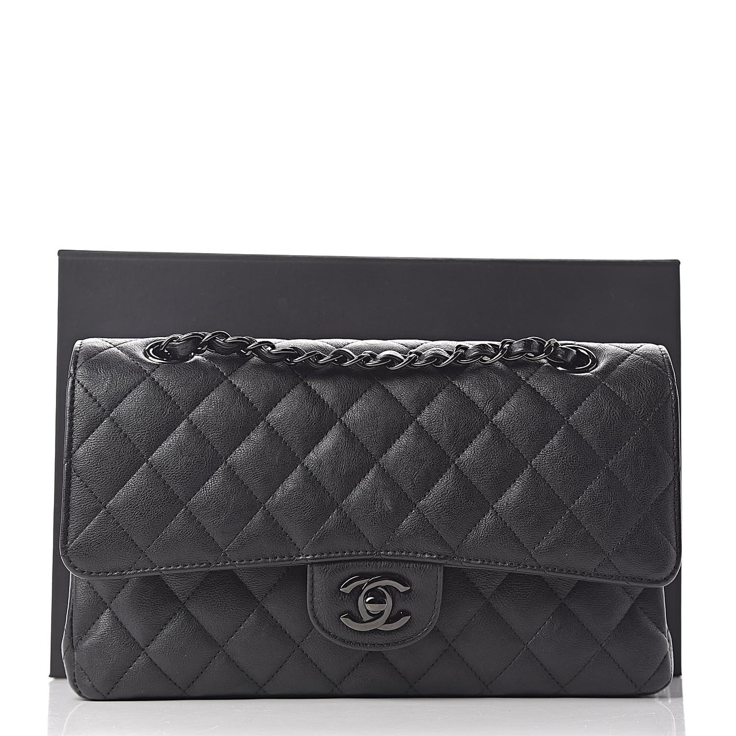 Crumpled Calfskin Quilted Medium Double Flap So Black