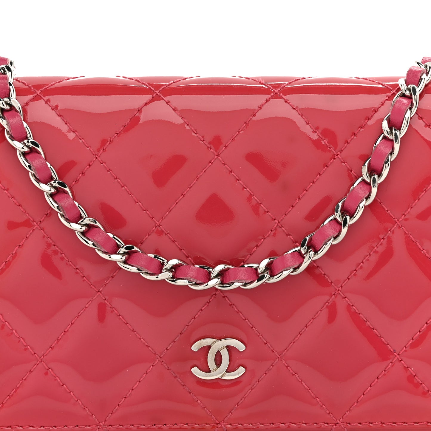 Patent Calfskin Quilted Wallet On Chain WOC Pink