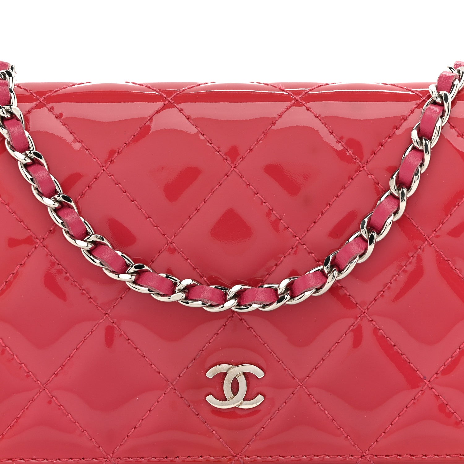 Chanel Patent Calfskin Quilted Wallet On Chain WOC Pink 8 of 14