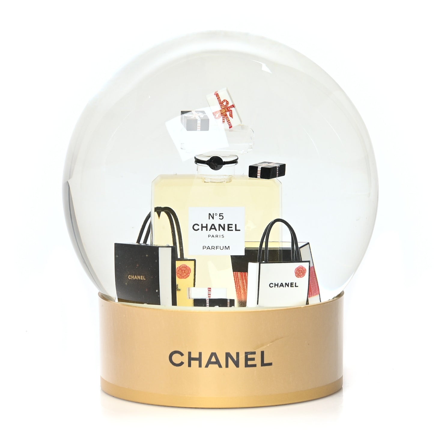 Glass N°5 Perfume Bottle Snow Globe Gold