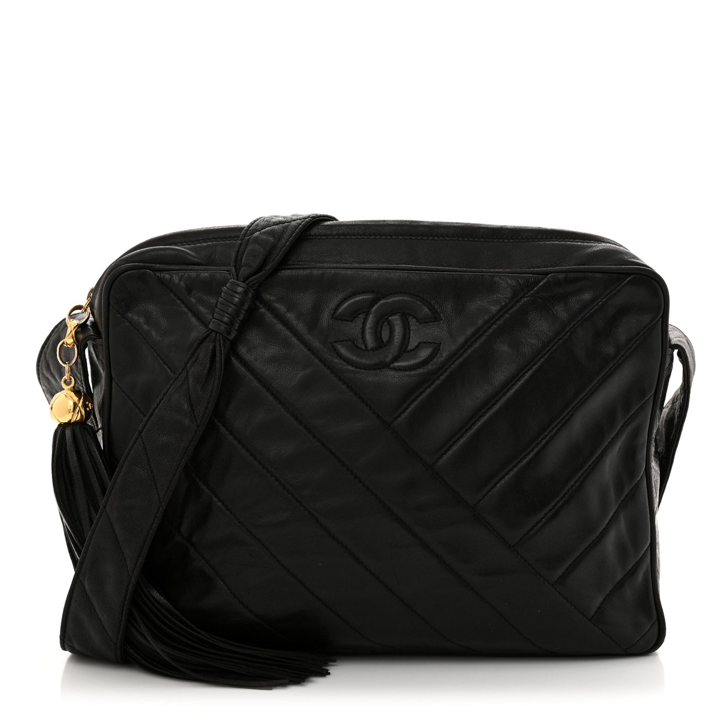Lambskin Chevron Quilted Tassel Camera Case Black