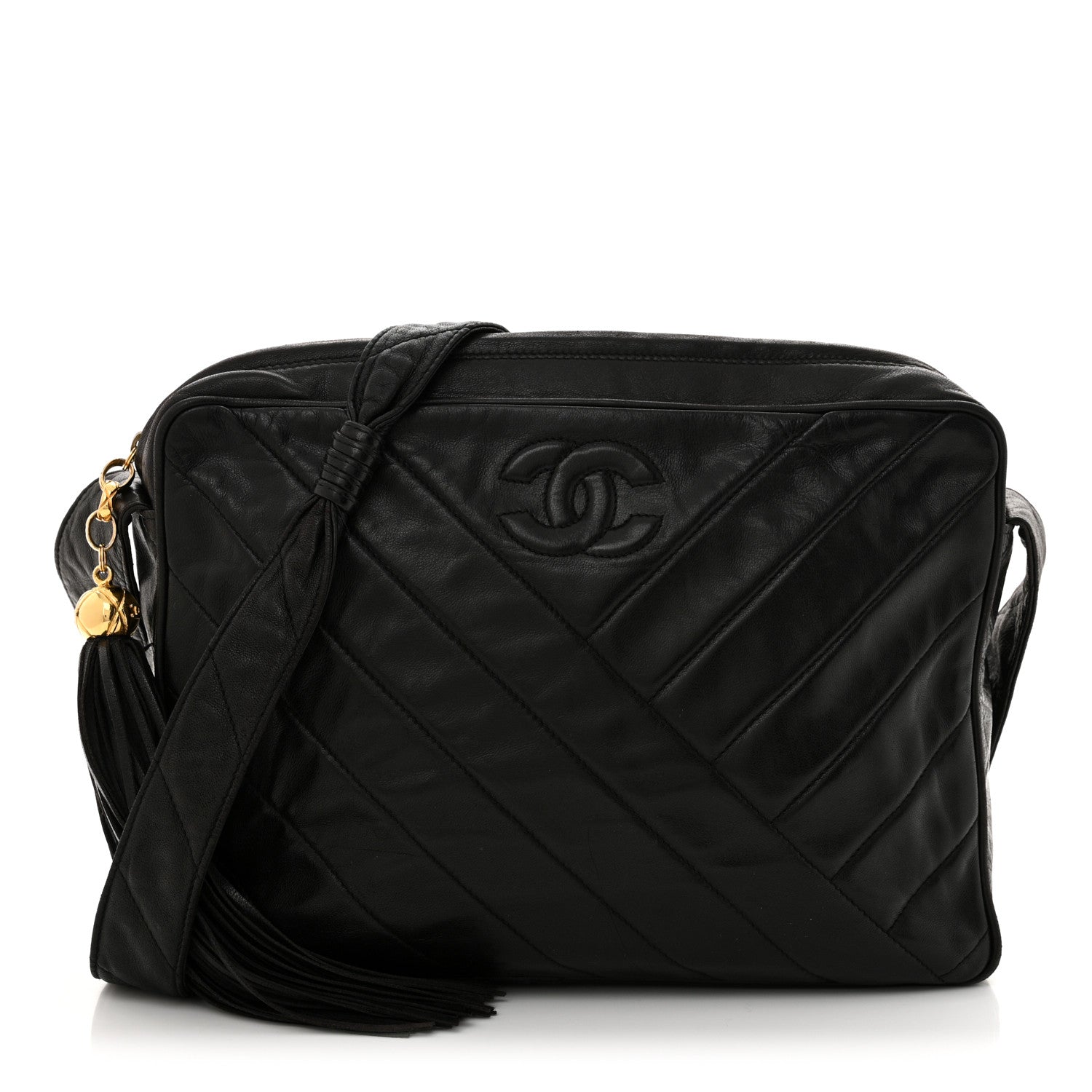 Chanel Lambskin Chevron Quilted Tassel Camera Case Black 1 of 12