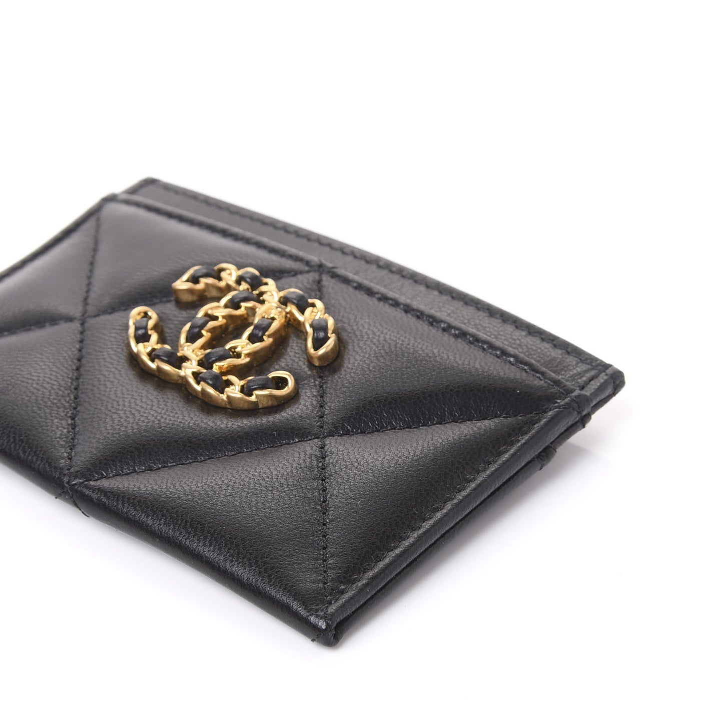 Shiny Goatskin Quilted Chanel 19 Card Holder Black