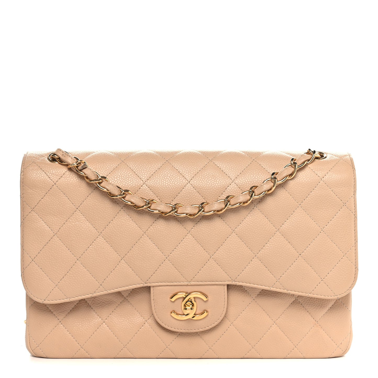 Caviar Quilted Jumbo Double Flap Beige