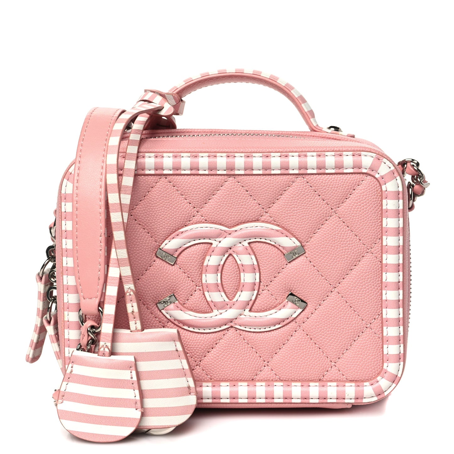 Caviar Quilted Striped Small CC Filigree Vanity Case Pink White