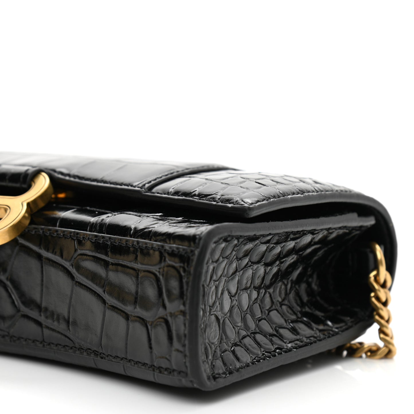 Shiny Calfskin Crocodile Embossed Hourglass Chain Bag Black