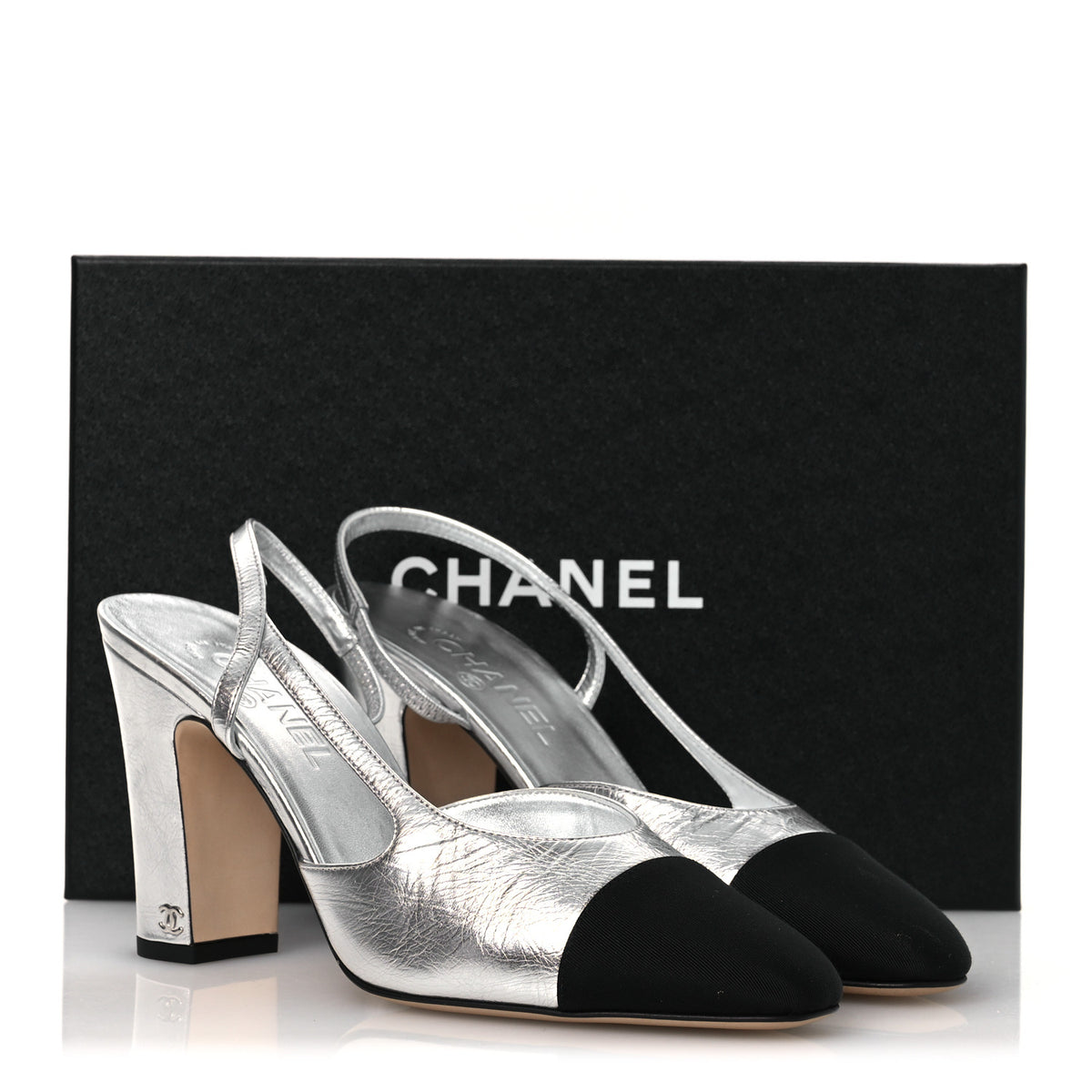 Chanel Laminated Crumpled Lambskin Grosgrain Cap Toe CC Slingback Pumps 41 Silver Black 11 of 11