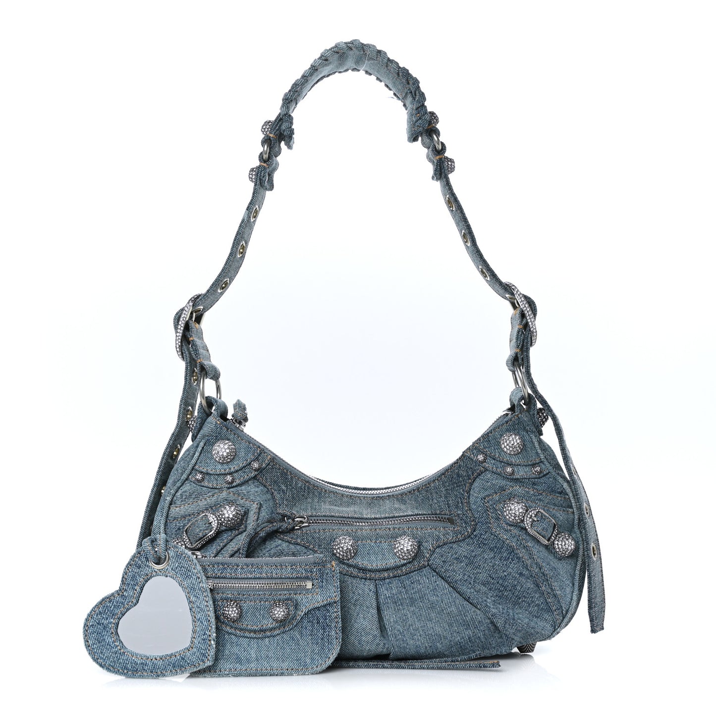 Washed Frayed Denim Crystal Small Le Cagole Shoulder Bag Blue