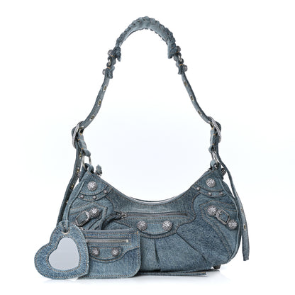 Balenciaga Washed Frayed Denim Crystal Small Le Cagole Shoulder Bag Blue 1 of 9