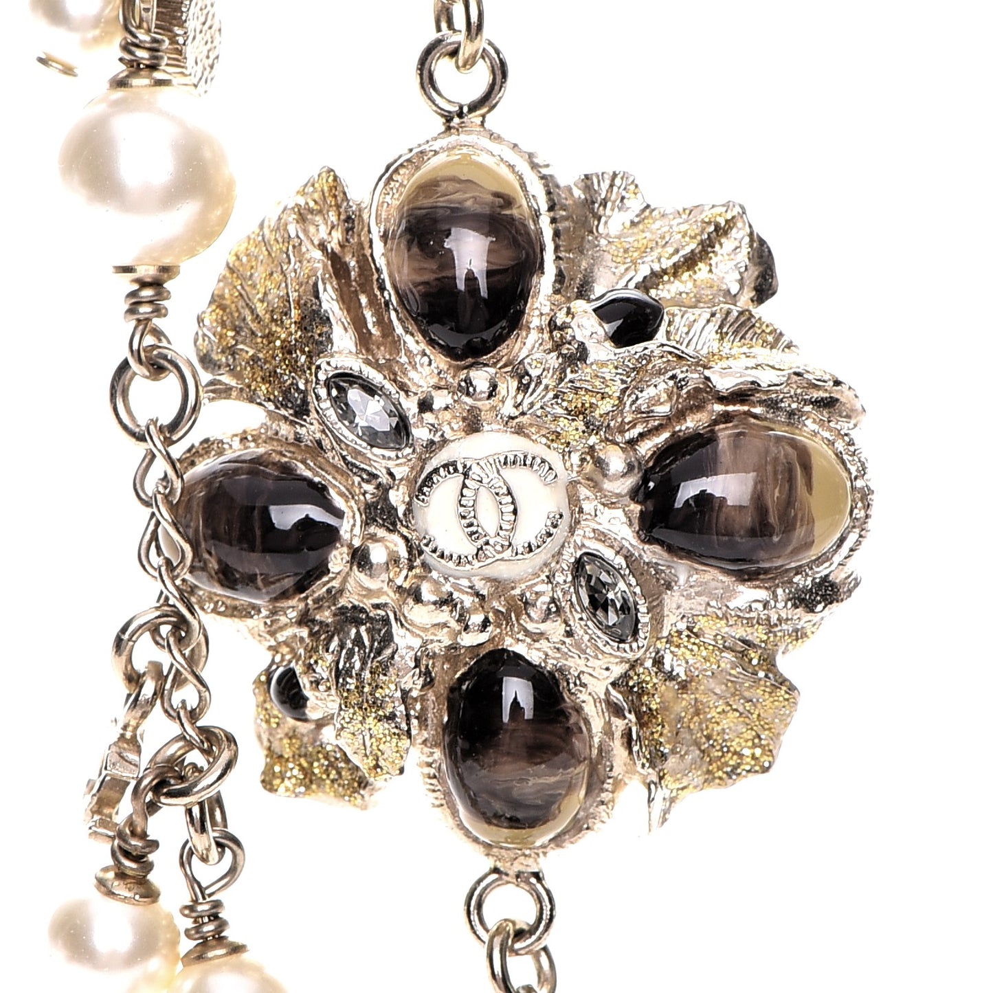 Pearl Bead Enamel CC Long Necklace Black Gold