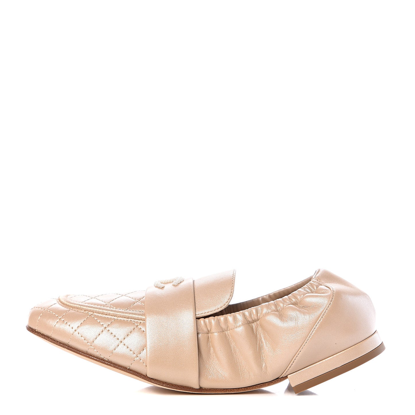 Laminated Lambskin Womens Quilted Elastic CC Moccasin Loafers 38 Beige