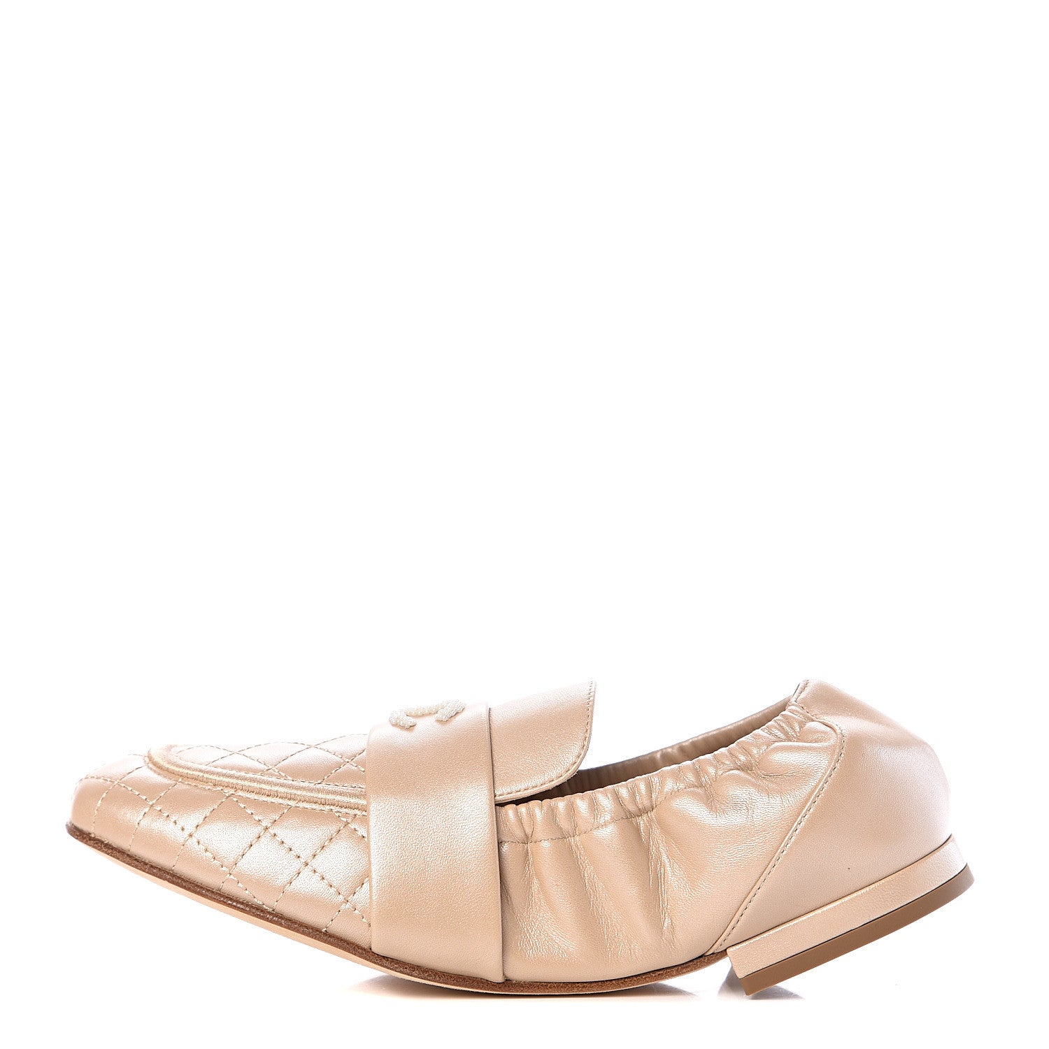 Chanel Laminated Lambskin Womens Quilted Elastic CC Moccasin Loafers 38 Beige 1 of 10