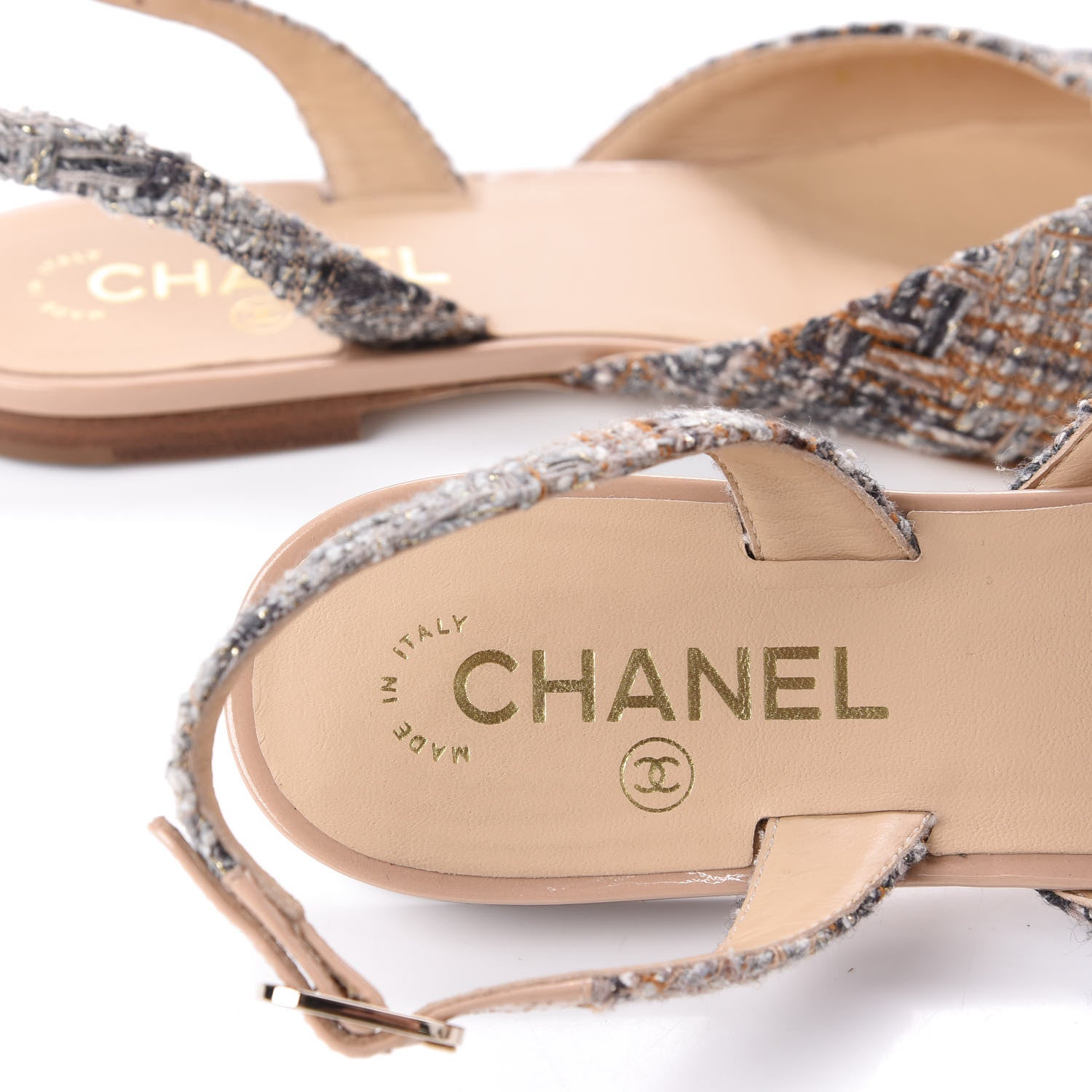 Chanel Tweed Patent Camellia Toe CC Slingback Pumps 39.5 Beige Gray 8 of 13