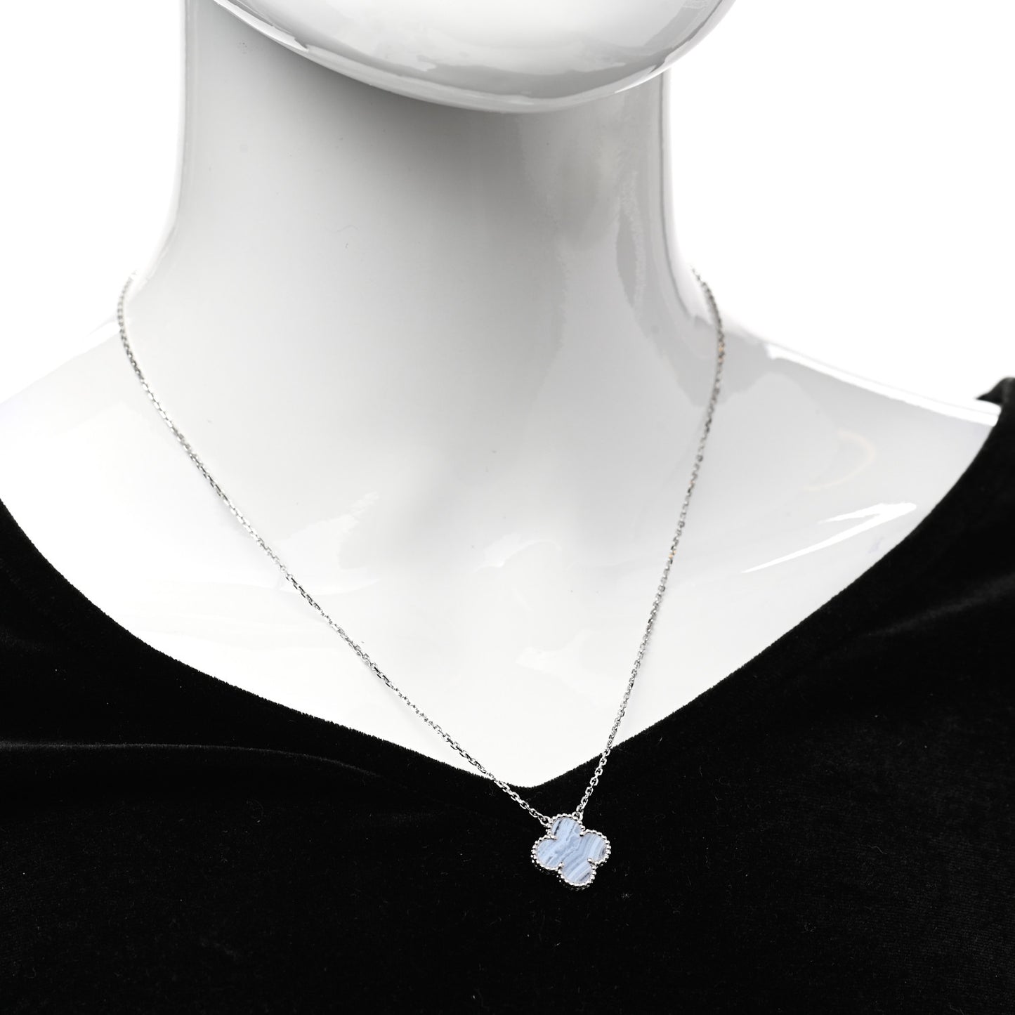 18K White Gold Chalcedony Vintage Alhambra Pendant Necklace