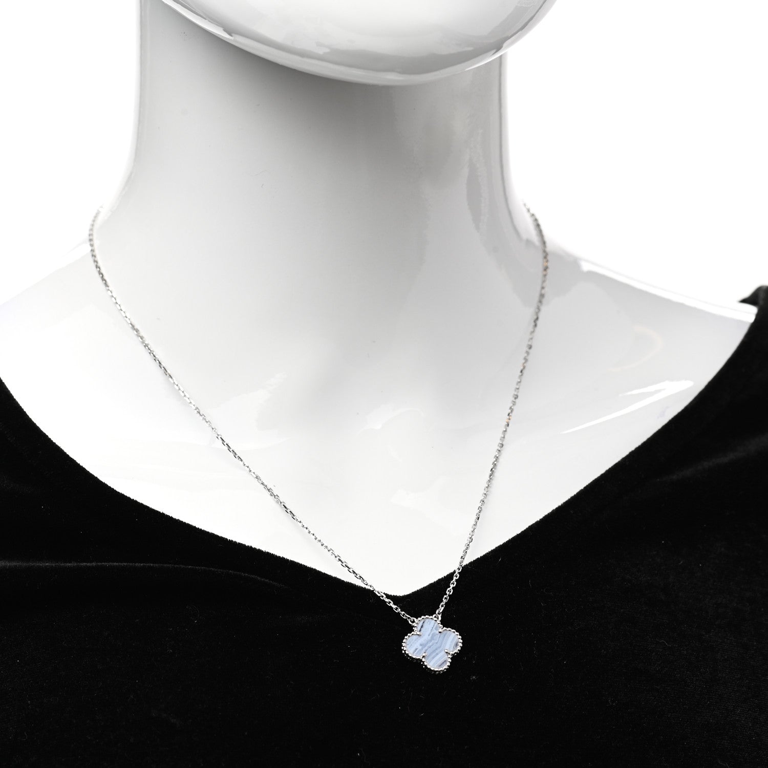 Van Cleef & Arpels 18K White Gold Chalcedony Vintage Alhambra Pendant Necklace 2 of 5