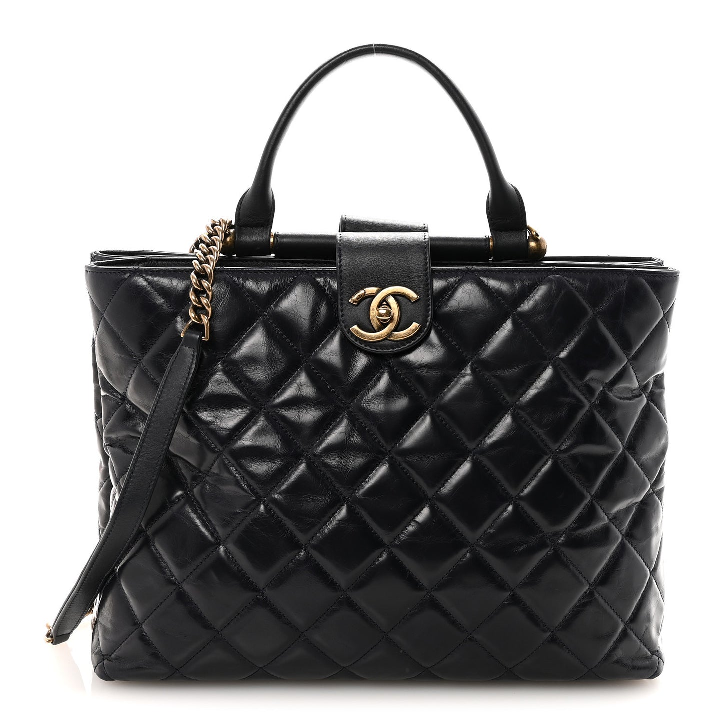 Glazed Calfskin Quilted Gold Bar Tote Dark Navy Blue