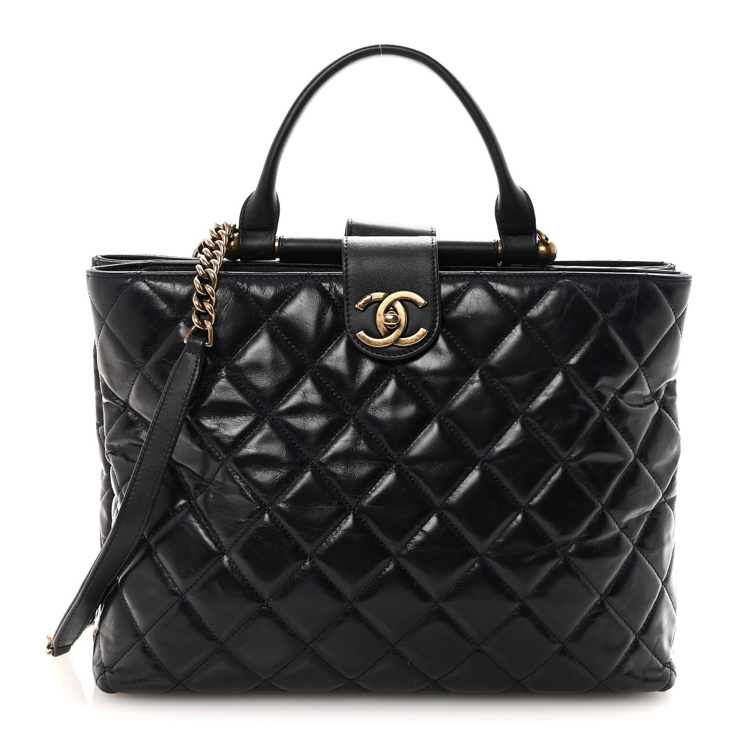Chanel Glazed Calfskin Quilted Gold Bar Tote Dark Navy Blue 1 of 10
