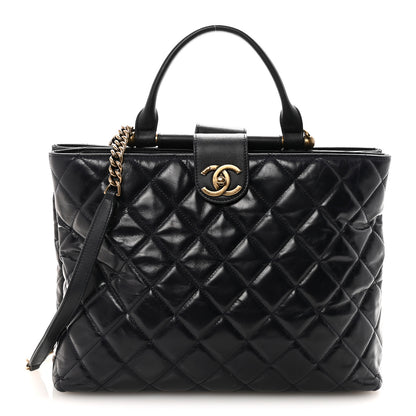 Chanel Glazed Calfskin Quilted Gold Bar Tote Dark Navy Blue 1 of 10