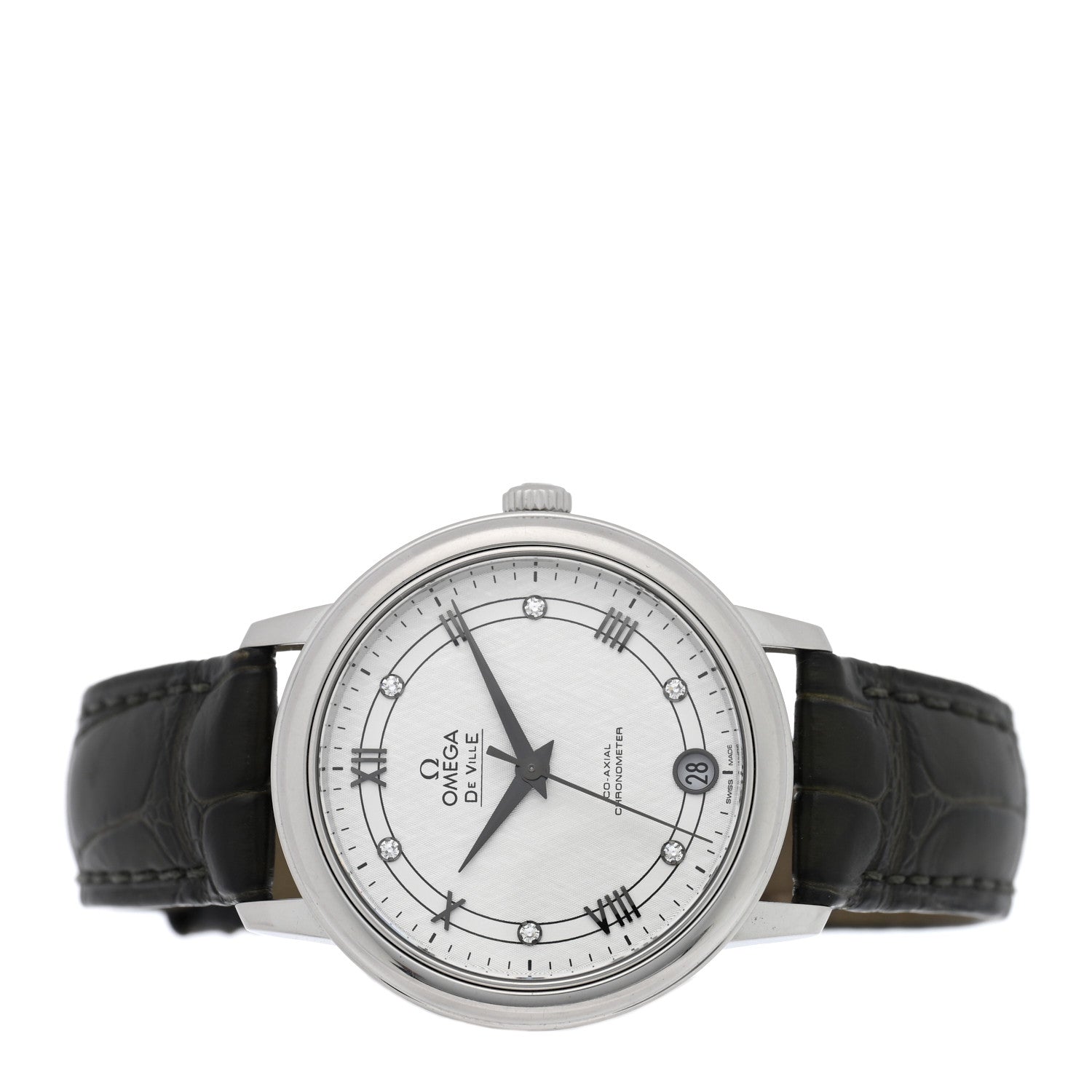 Omega Stainless Steel Alligator Diamond 32.7mm De Ville Prestige Quartz Watch White 424.13.33.20.52.002 2 of 5