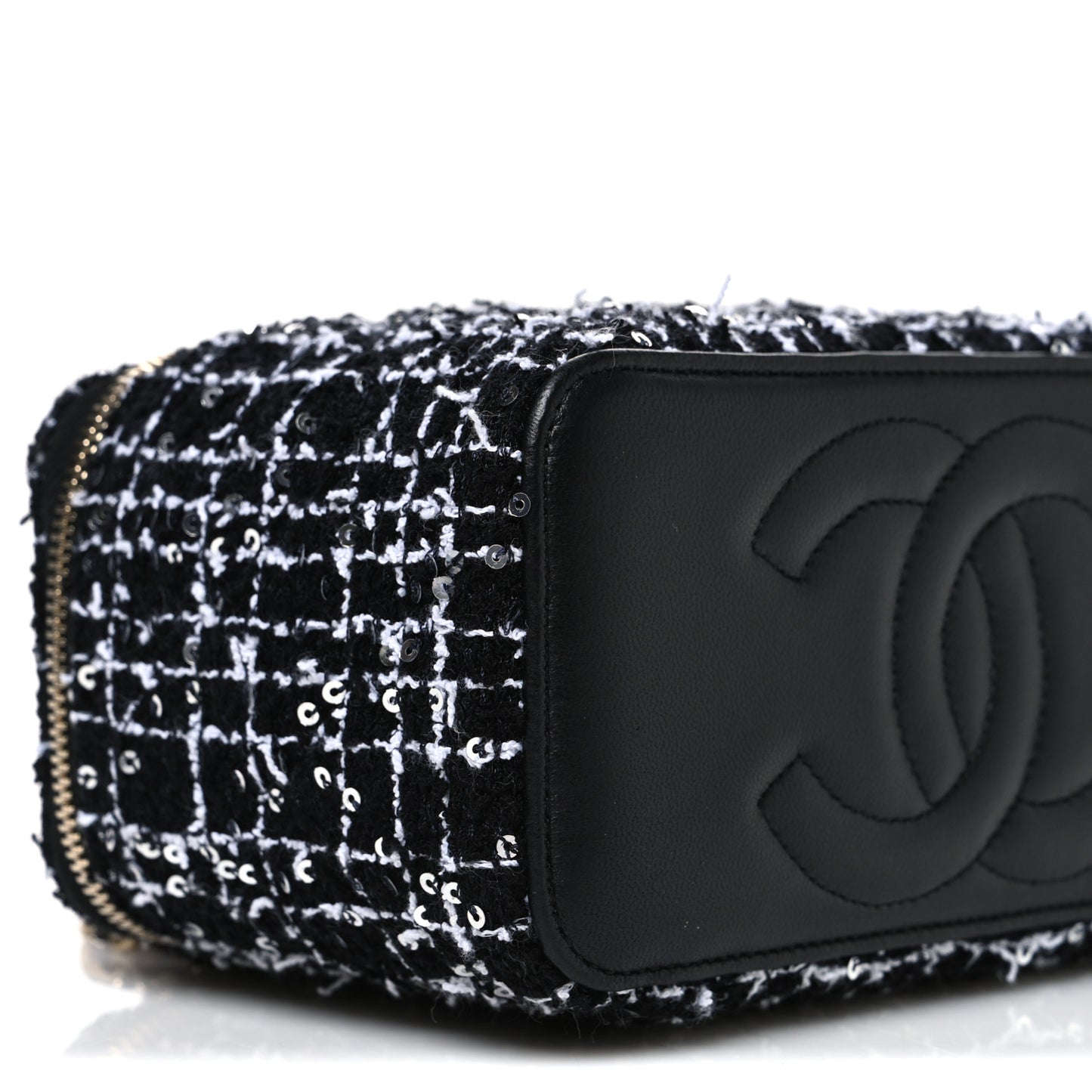 Tweed Sequin Small Top Handle Vanity Case With Chain Black White
