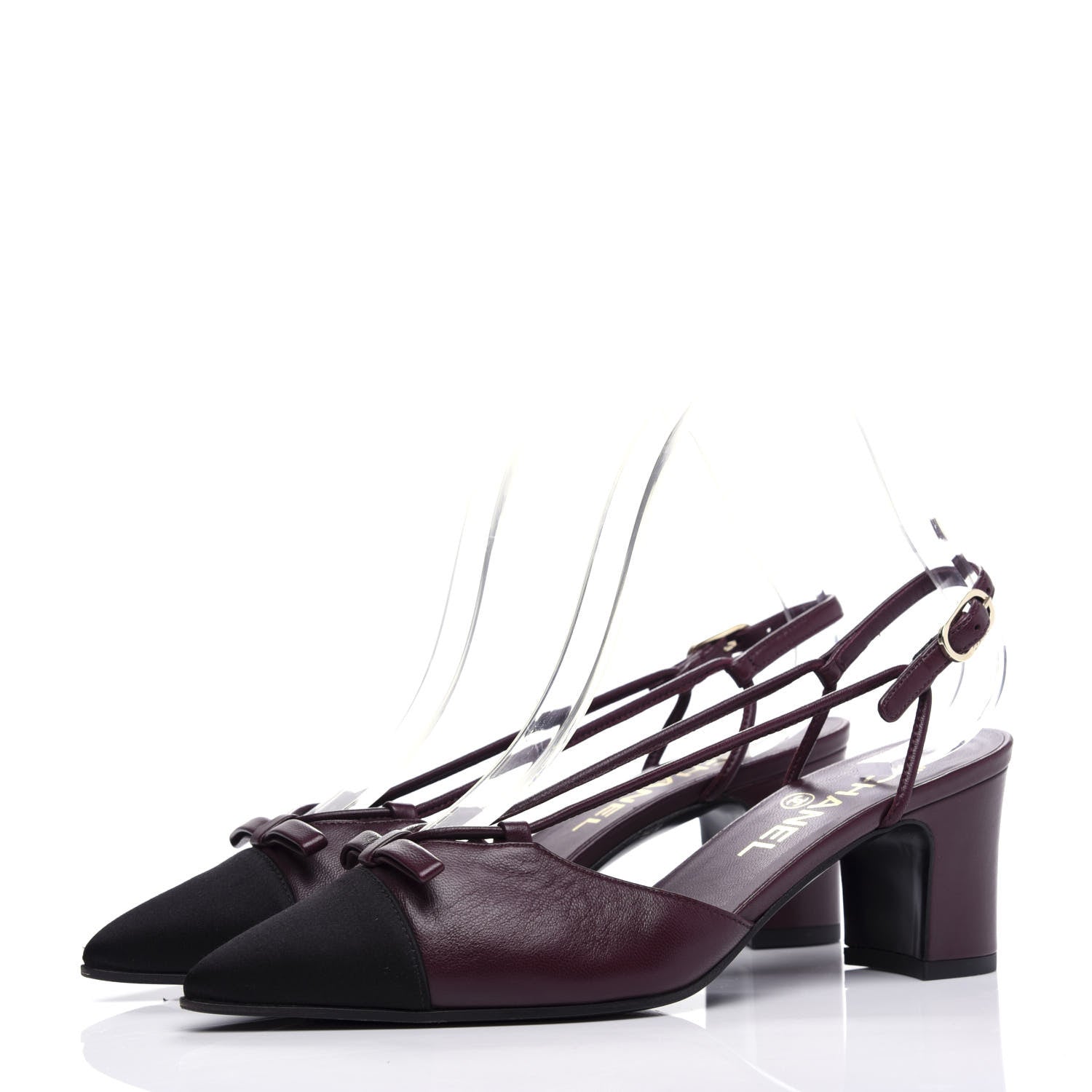 Chanel Lambskin Satin Slingback Cap Toe Bow Pumps 37 Burgundy Black 3 of 10