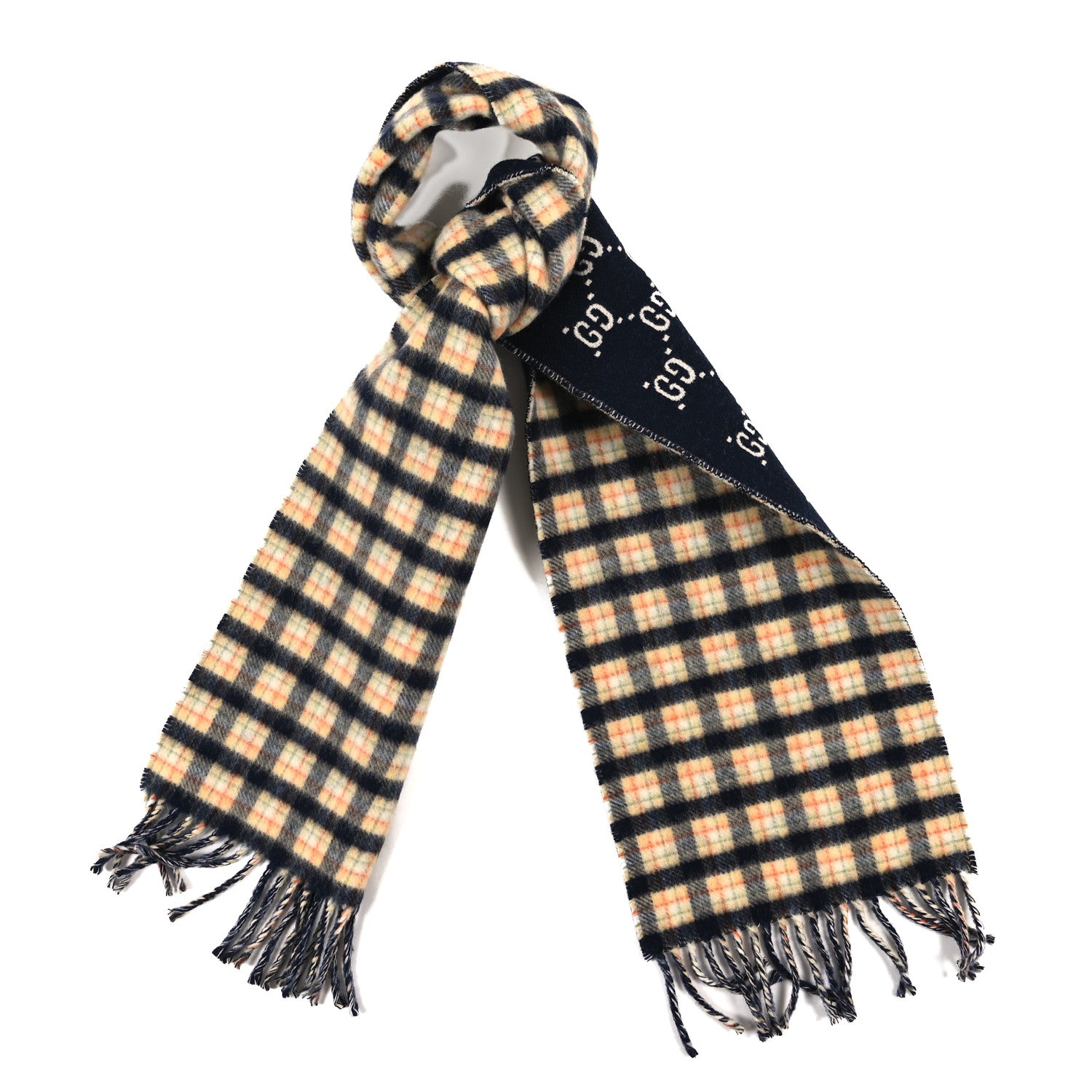 Gucci Wool GG Monogram Plaid Rise Reversible Fringe Scarf Midnight Blue Cream 1 of 4