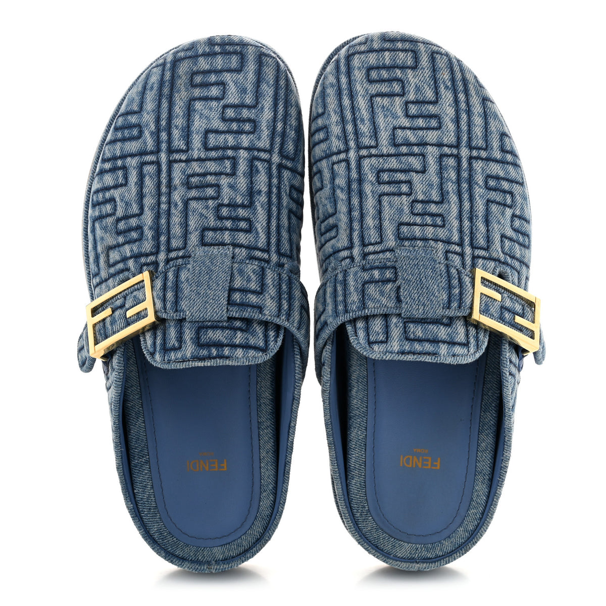 Denim Jacquard FF Womens Fendi Feel Buckled Mules 40 Blue