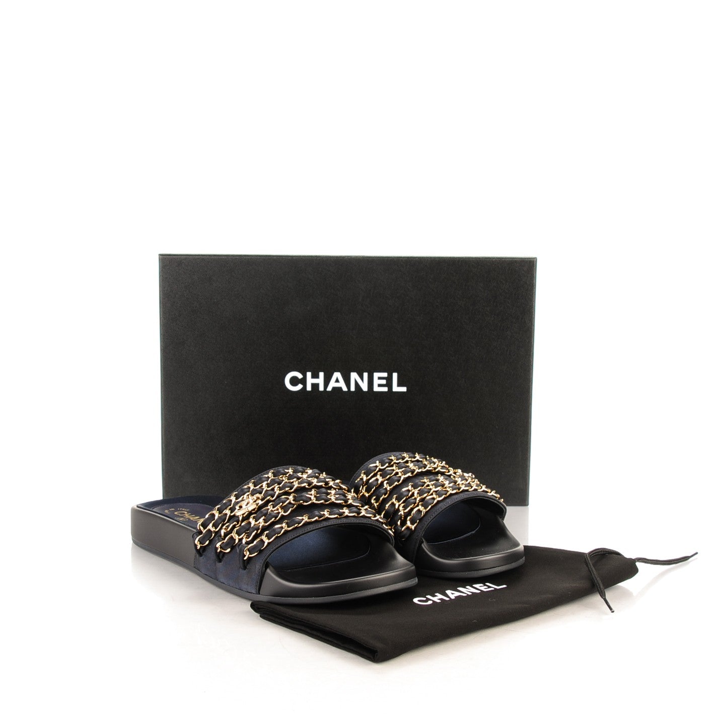 Lambskin Canvas Chain Flat Sandals 39 Marine