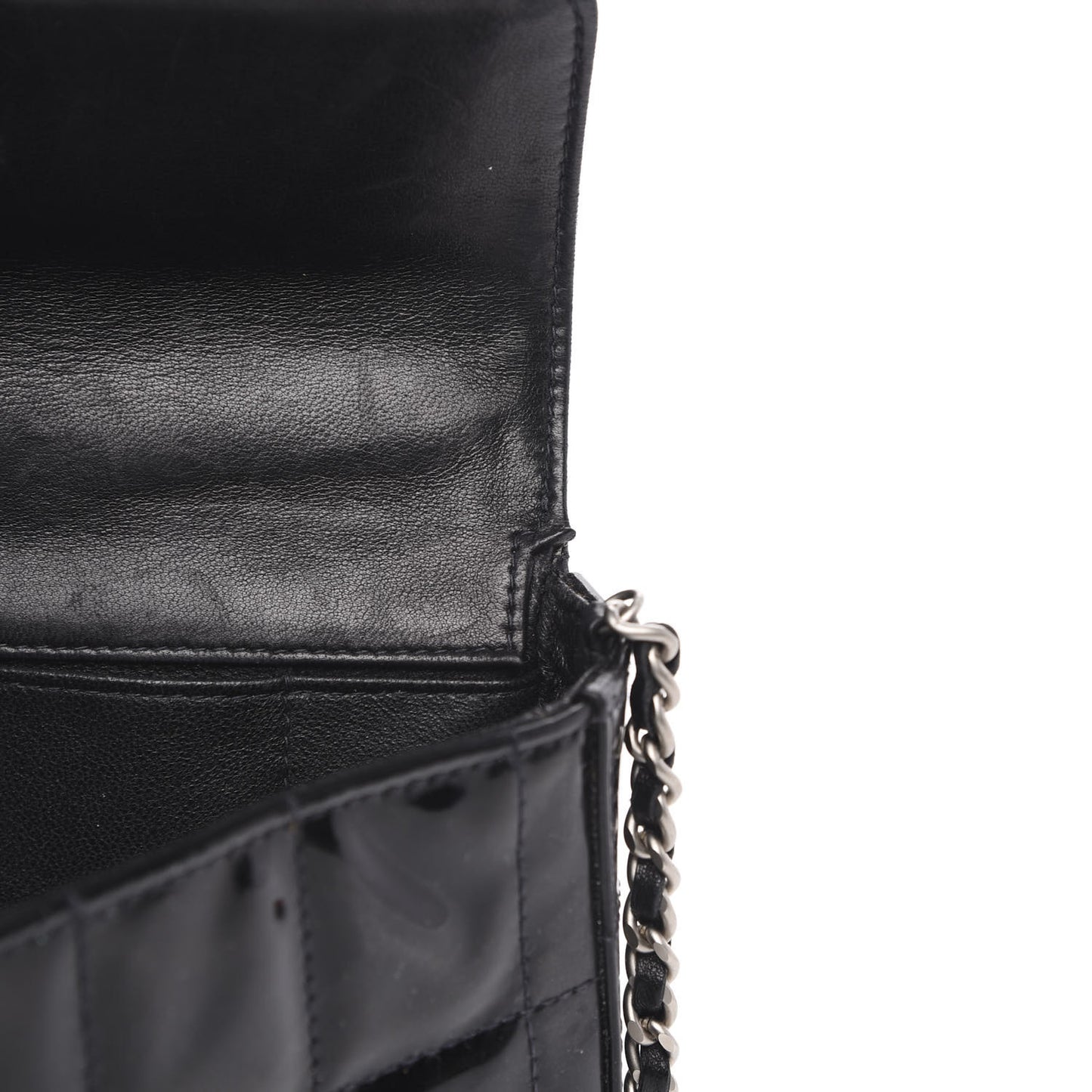 Patent Quilted East West Chocolate Bar Flap Black