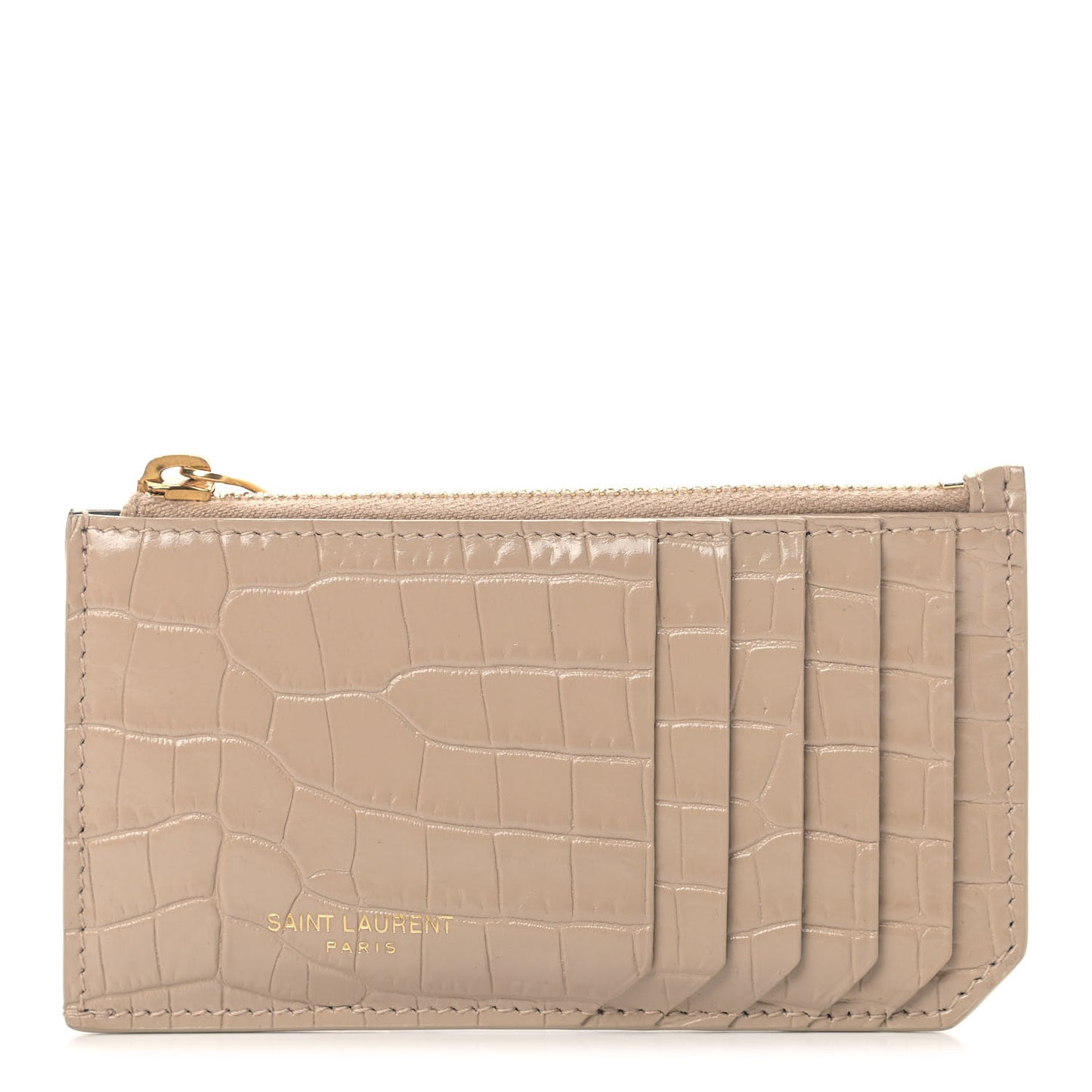 Calfskin Crocodile Embossed 5 Fragments Zip Pouch Card Holder Dark Beige