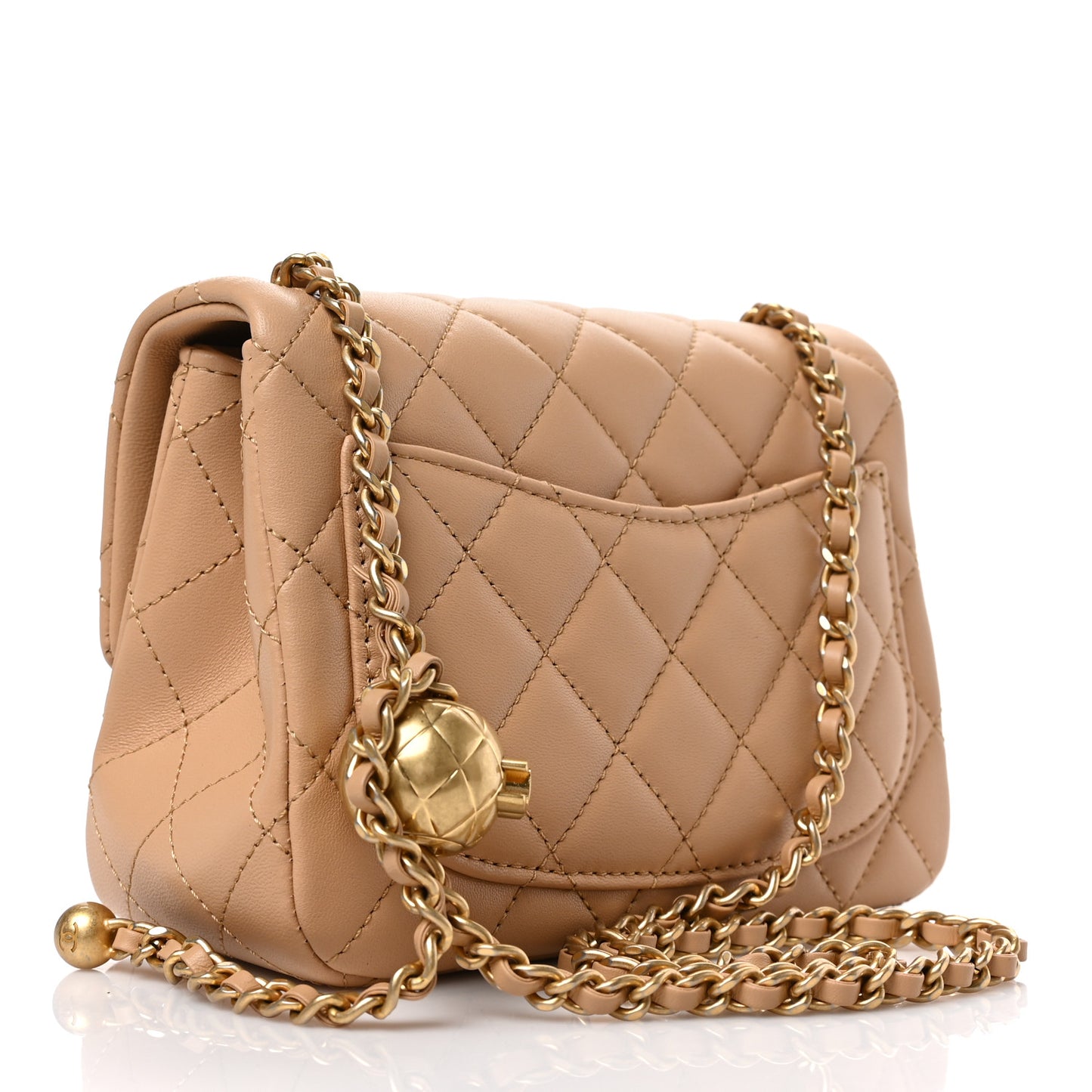 Lambskin Quilted Mini Pearl Crush Flap Beige
