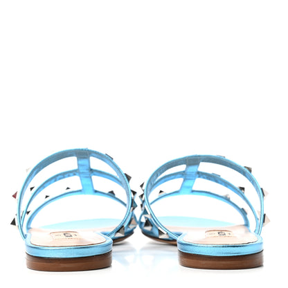 Valentino Garavani Metallic Nappa Rockstud Caged Flat Slide Sandals 36.5 Cerulean 7 of 10