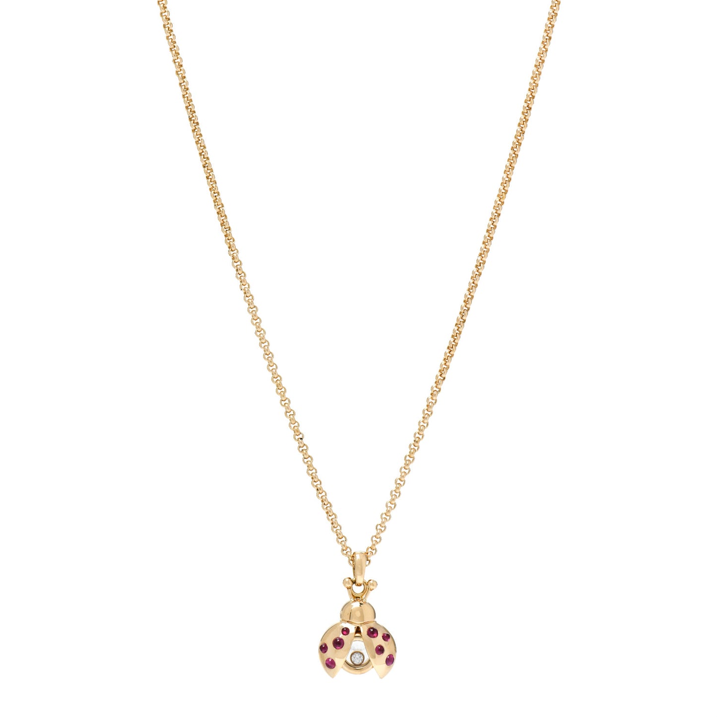 18K Yellow Gold Diamond Ruby Happy Diamonds Ladybug Pendant Necklace