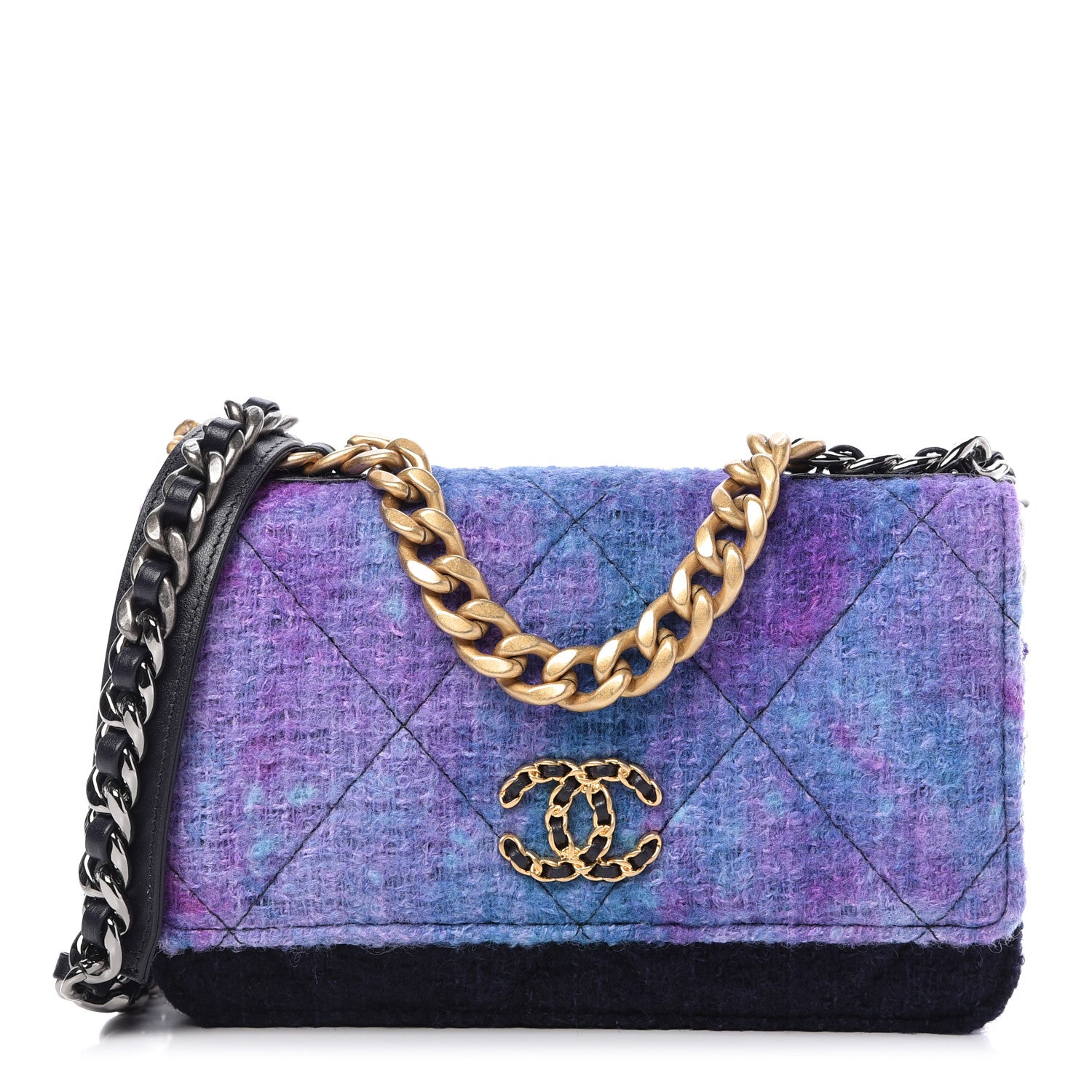 Chanel Wool Tweed Lambskin Quilted 19 Wallet On Chain WOC and Coin Purse Purple Blue 1 of 10