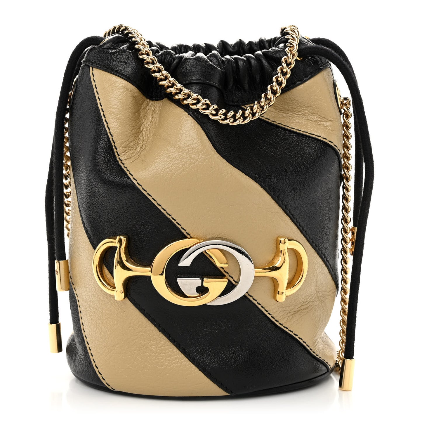 Calfskin Diagonal Striped Mini Zumi Bucket Bag Black Beige