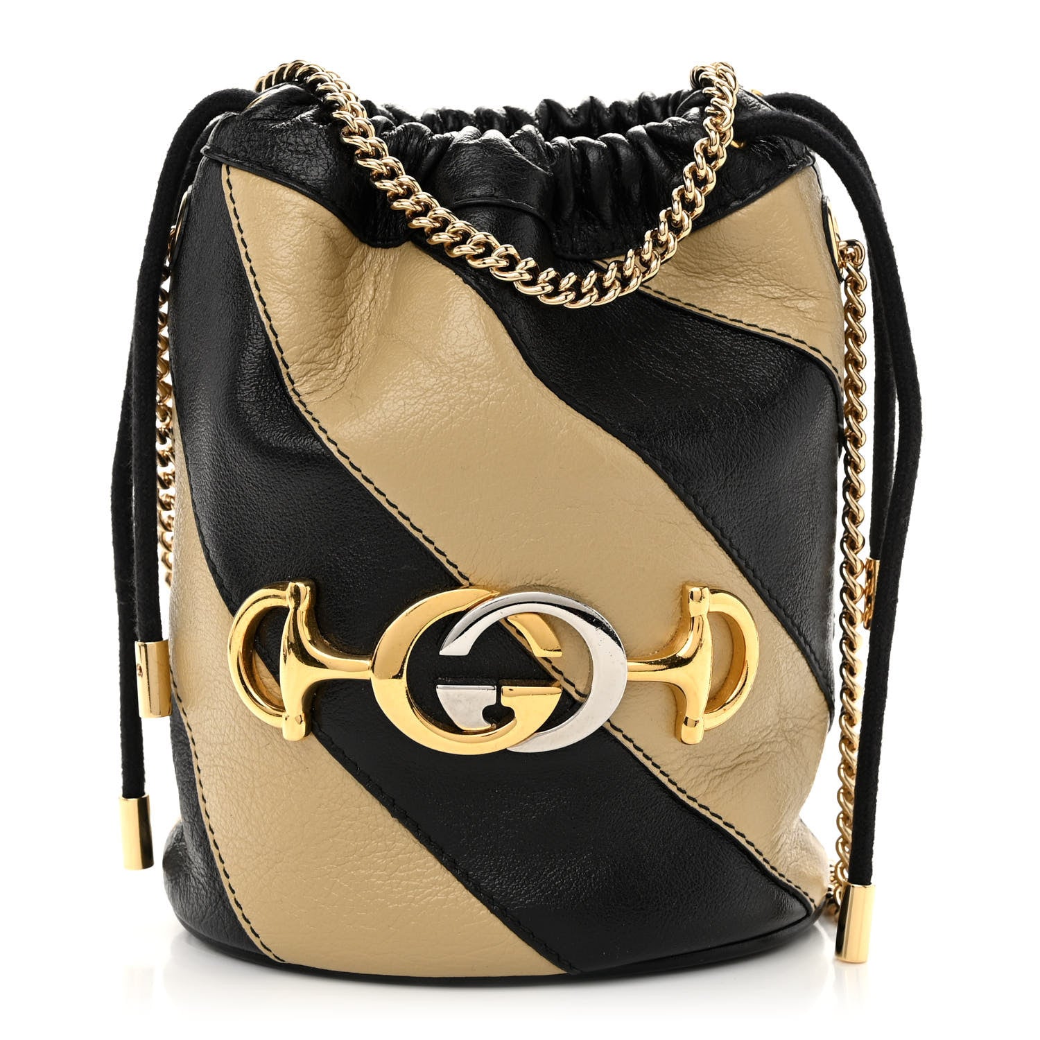 Gucci Calfskin Diagonal Striped Mini Zumi Bucket Bag Black Beige 1 of 9