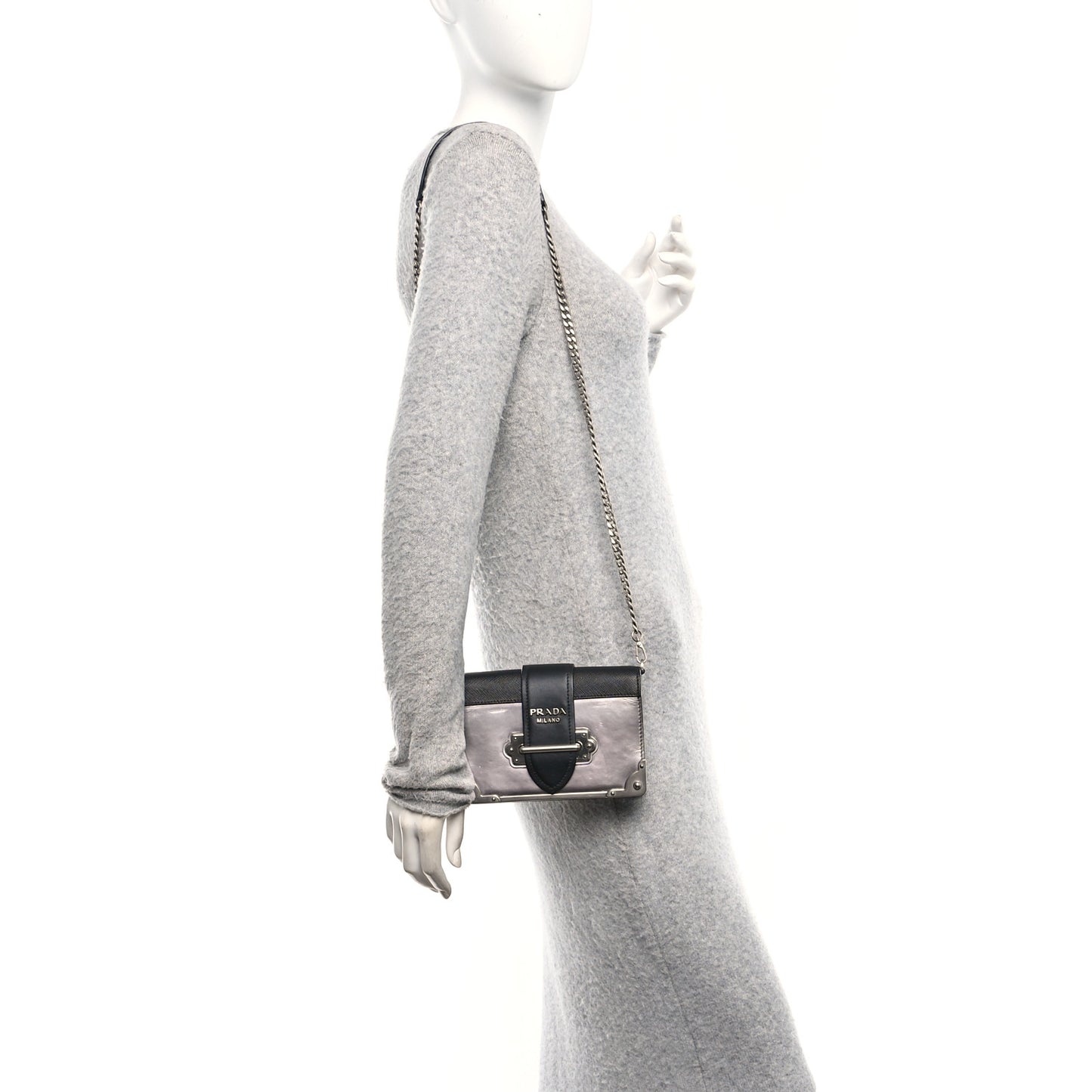 Metallic Vitello Saffiano Cahier Bag Silver Black