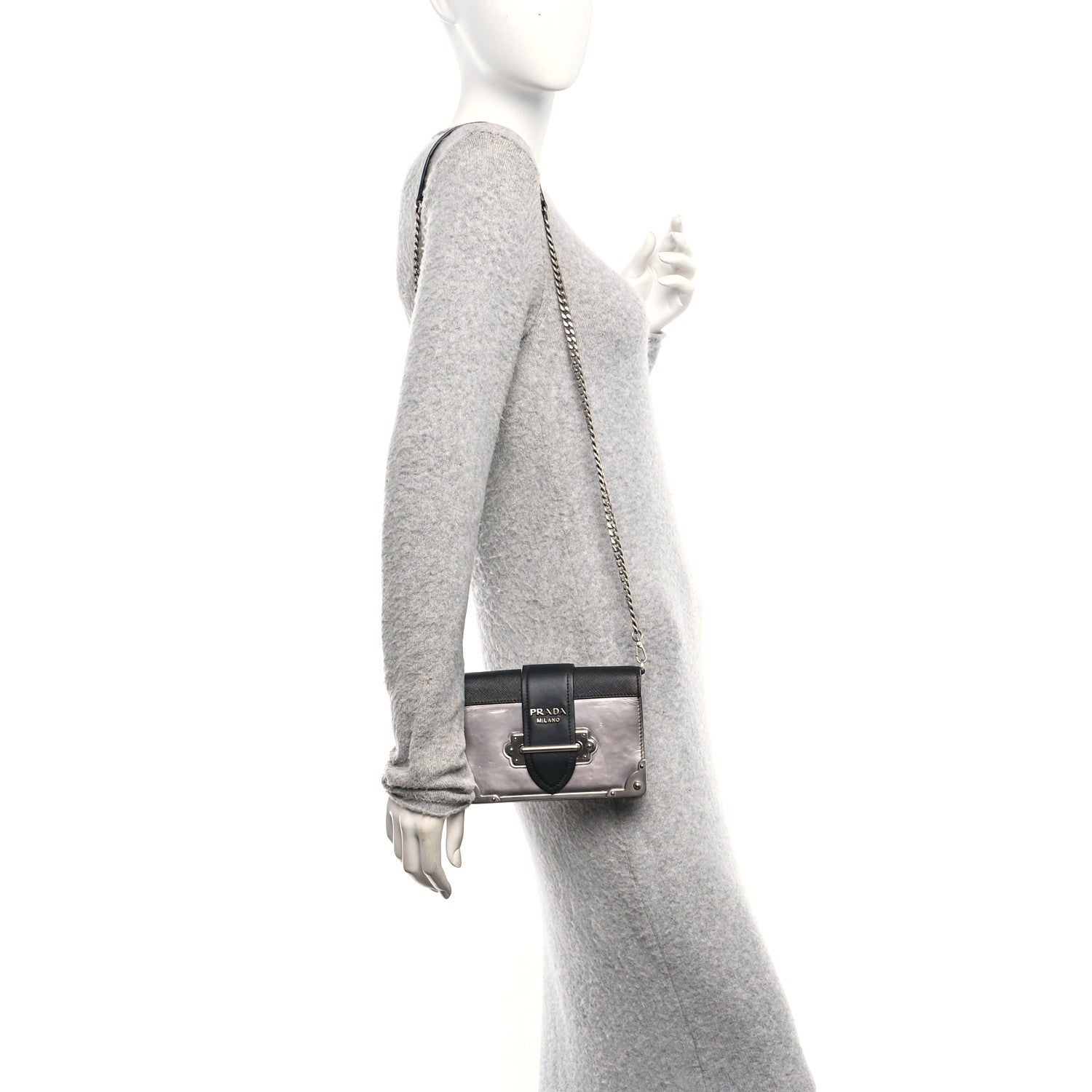 Prada Metallic Vitello Saffiano Cahier Bag Silver Black 2 of 15