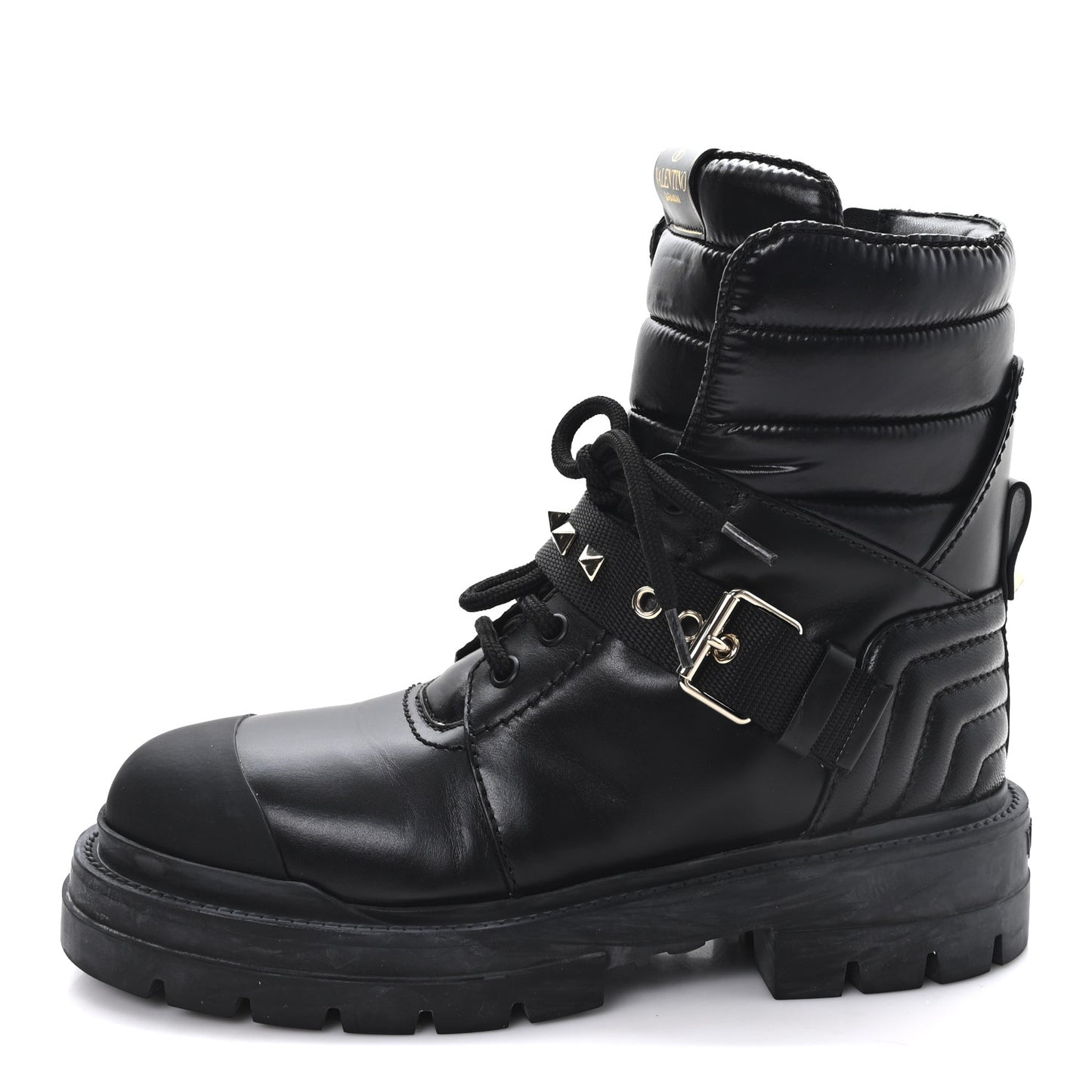 Calfskin Nylon Quilted Waterproof Rockstud Combat Boots 36.5 Black