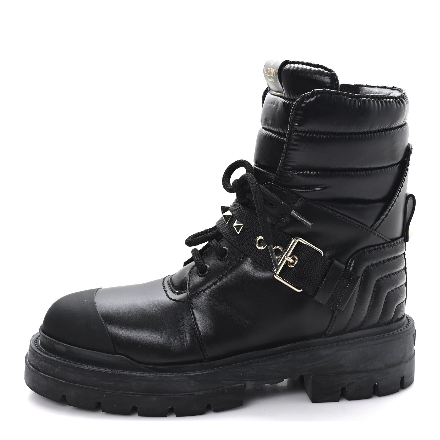 Valentino Garavani Calfskin Nylon Quilted Waterproof Rockstud Combat Boots 36.5 Black 1 of 9