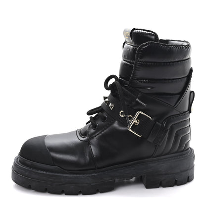 Valentino Garavani Calfskin Nylon Quilted Waterproof Rockstud Combat Boots 36.5 Black 1 of 9