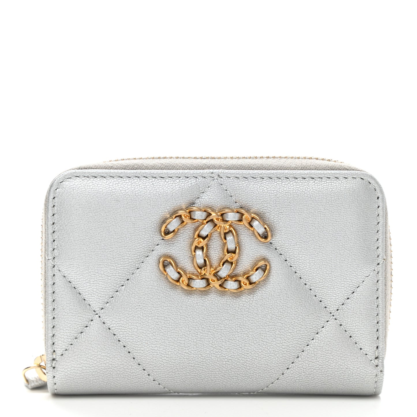 Metallic Goatskin Quilted Chanel 19 Zip Around Coin Purse Wallet Silver