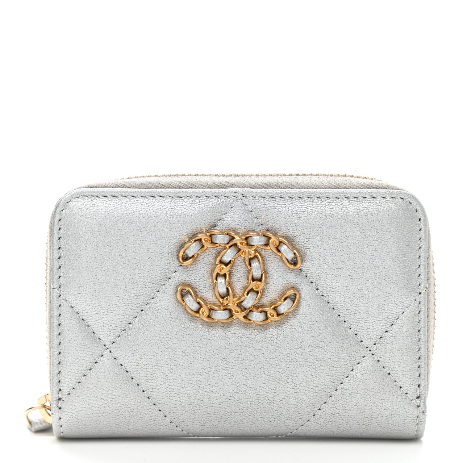 Chanel Metallic Goatskin Quilted Chanel 19 Zip Around Coin Purse Wallet Silver 1 of 8