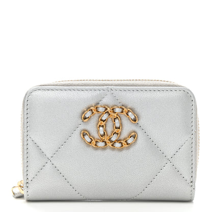 Chanel Metallic Goatskin Quilted Chanel 19 Zip Around Coin Purse Wallet Silver 1 of 8